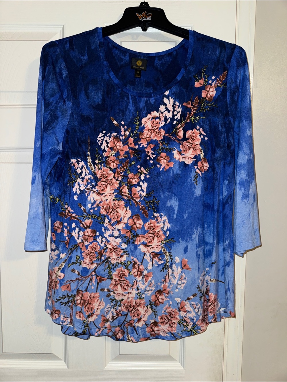 JM Collection Royal Blue Scoop-Neck Floral Long Sleeve Top